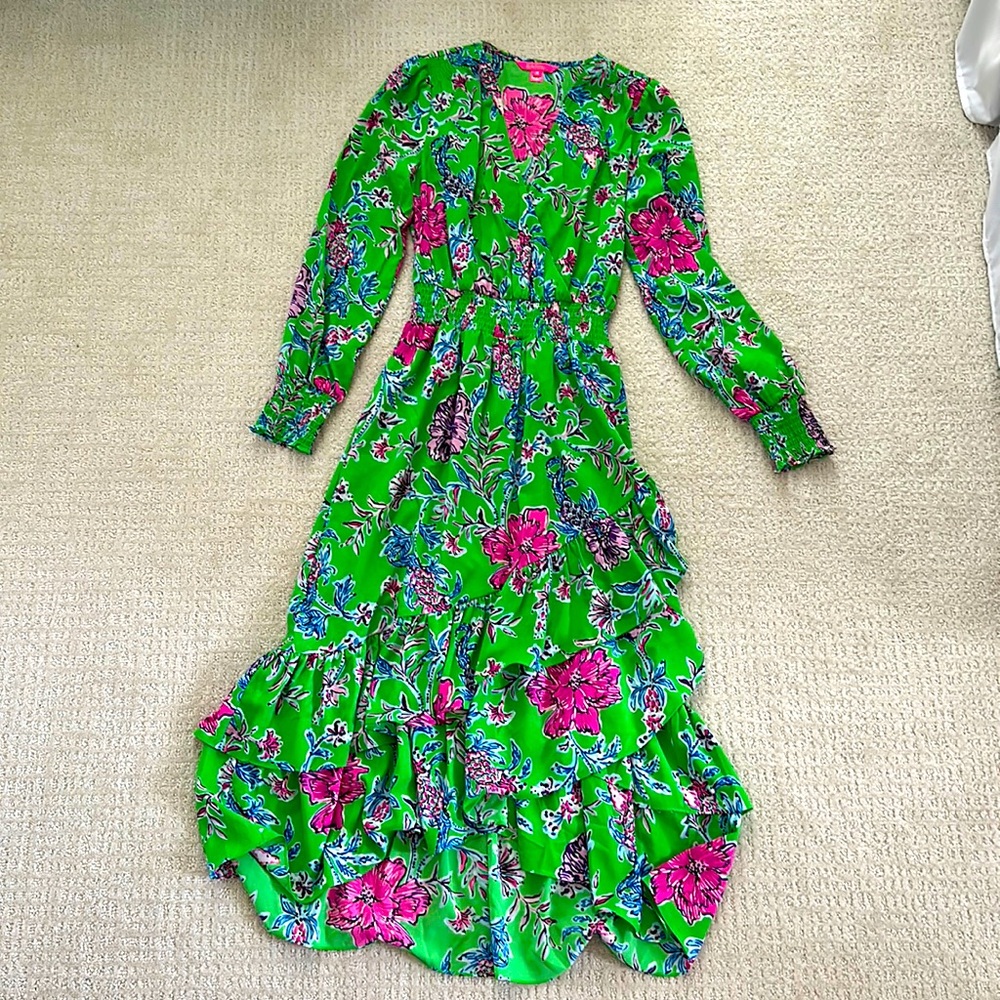 Lilly Pulitzer Midi Green Floral Dress With Ruffle Hem Size 4